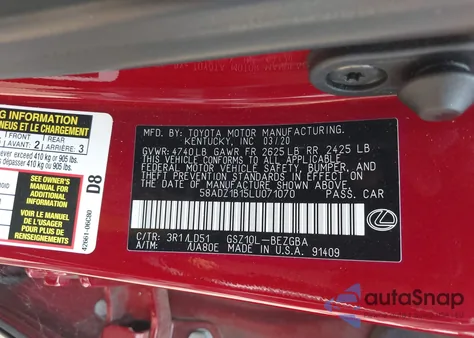 2020 Lexus Es 350 из США, поврежденный, VIN 58ADZ1B15LU071070